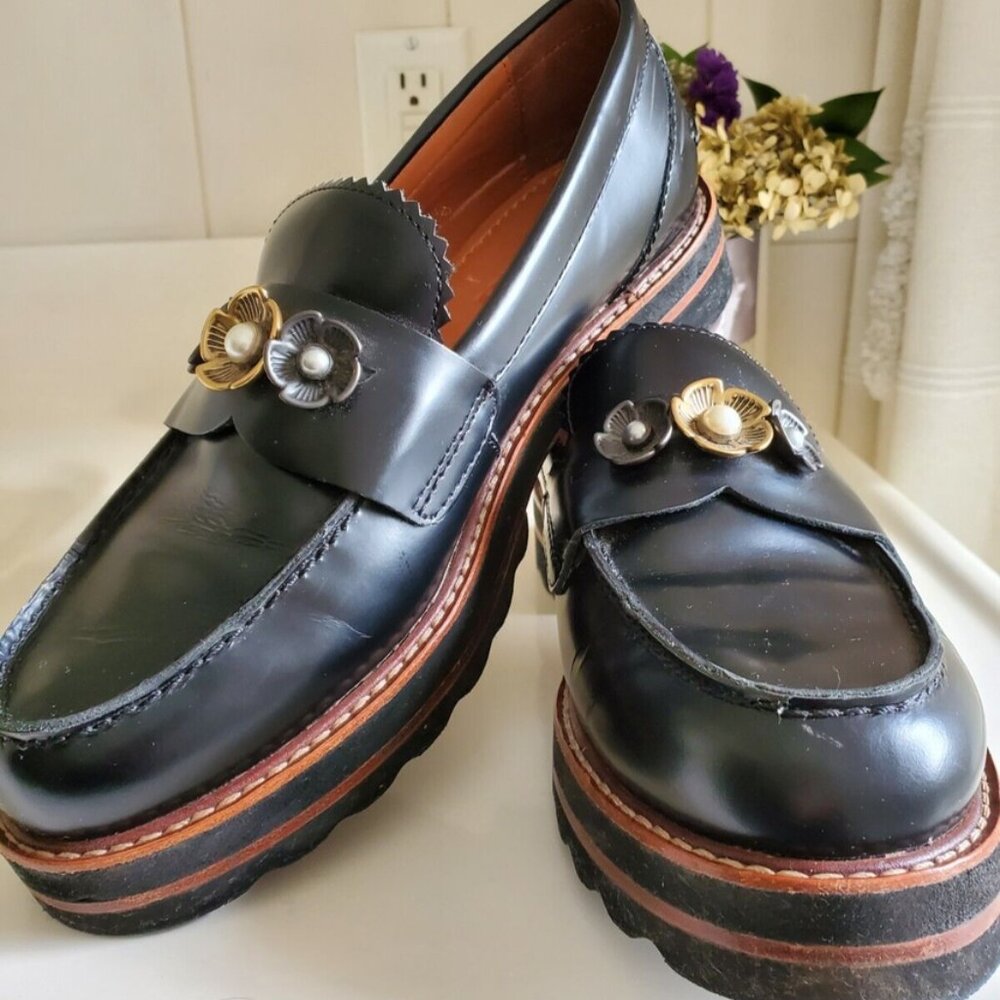 Coach Womens Lenox Black Leather Low Top Slip On Loafer Dress Shoes Size 7.5